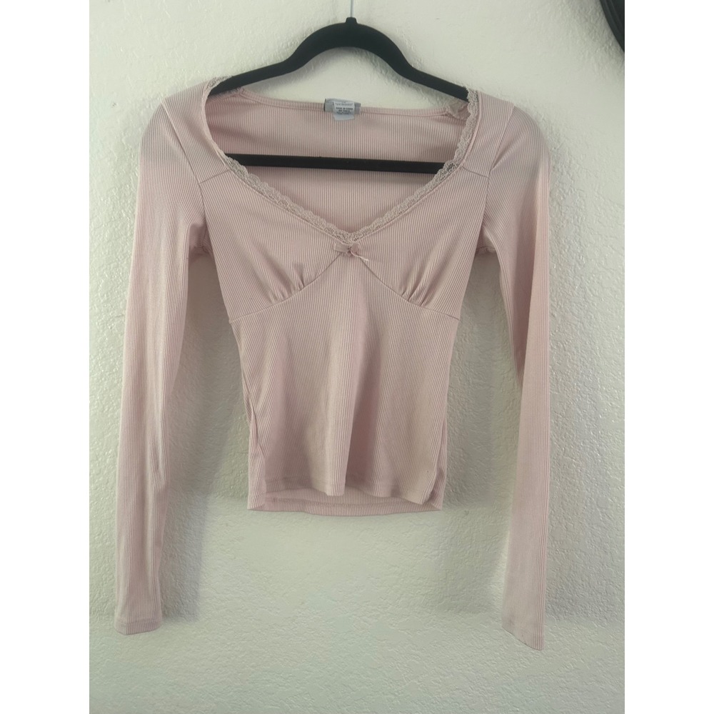 rue21 Pink Ribbed Lace Trim V-Neck Long Sleeve Top XS Bow Detail